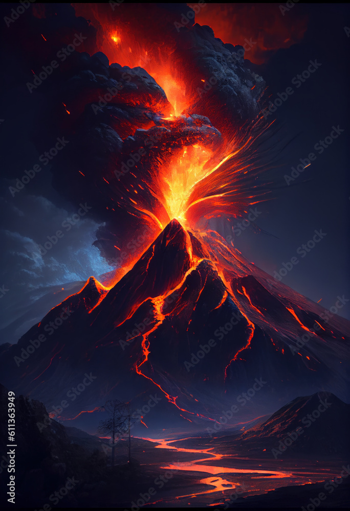 Lava flowing down the Volcano, just after an eruption. Generative AI.