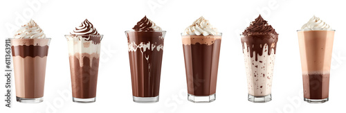 Set of chocolate milk shakes with various flavors isolated on transparent background. Generative AI