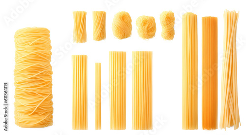 Different types of raw pasta spaghetti  isolated on transparent background. Generative AI	
