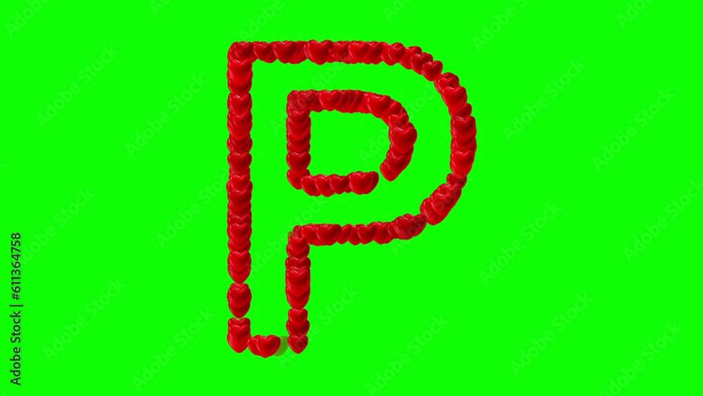English alphabet P with red hearts on green screen background English alphabet P with red hearts on green screen background
