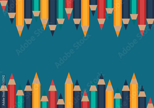 Back to school and education concept. Set of sharpened colored pencils or crayons on green background with copy space. Flat design for a banner. The art and study pictures in the classroom.