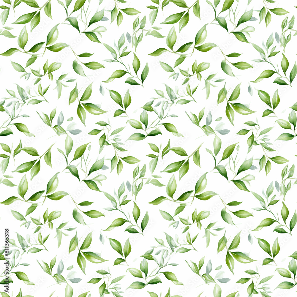 Seamless pattern with many green leaves on white background in watercolor style. Generative AI.