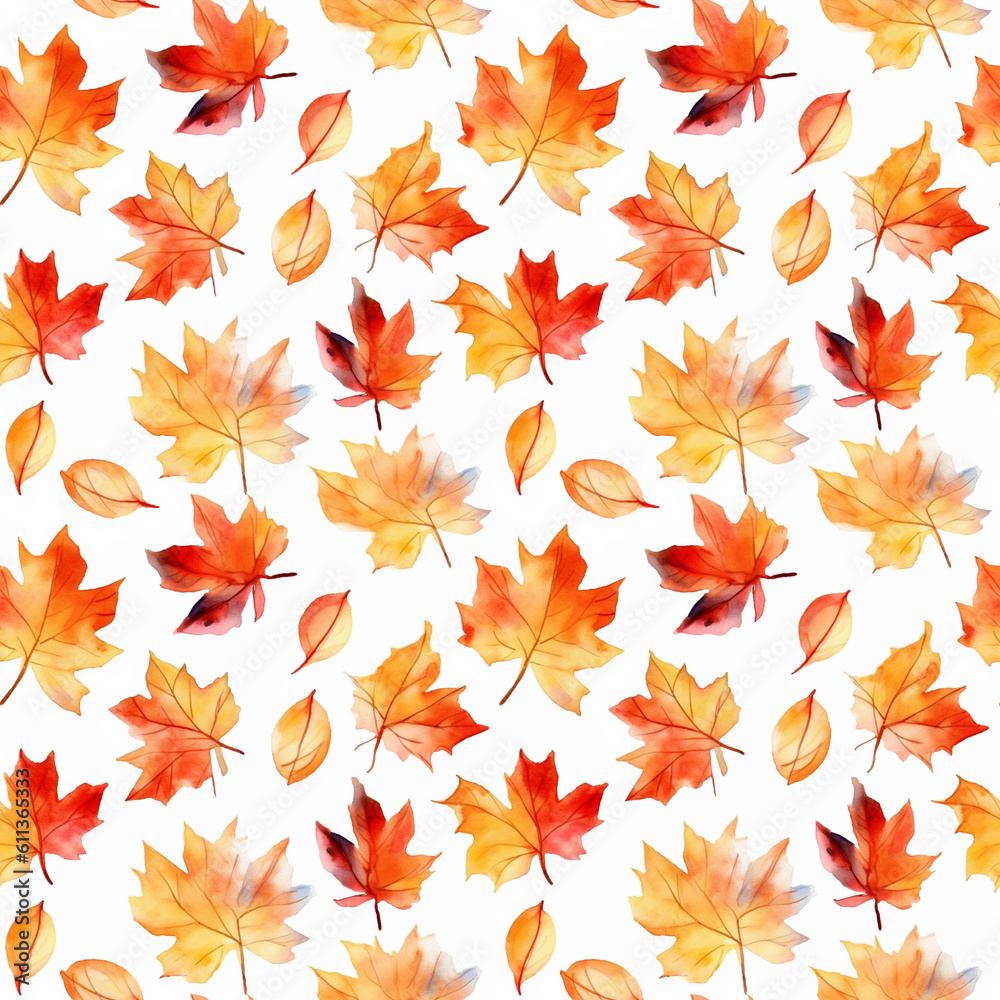 Seamless pattern with many autumn maple leaves on white background in watercolor style. Generative AI. Seamless pattern with many autumn maple leaves on white background in watercolor style. Generative AI.