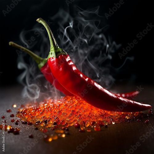 Red hot chili pepper on a black background with a lot of smoke