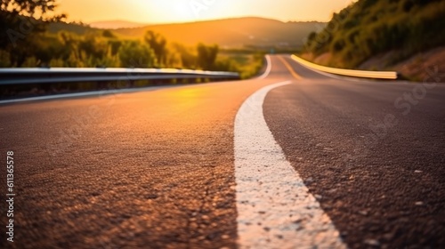 Asphalt road and mountains with foggy landscape at sunrise, AI generated.