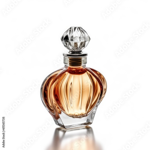 Perfume bottle on white background, AI generated.