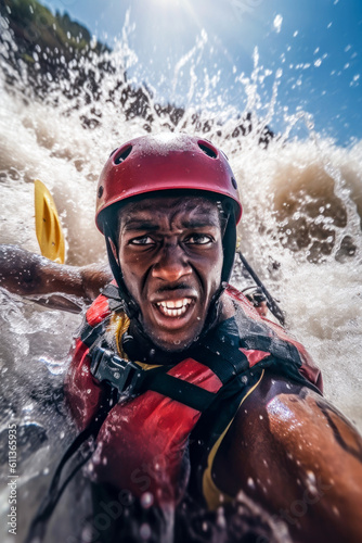 Whitewater river rafting, selfie closeup, African American man, canoe, kayak, paddling, extreme sports. Generative AI