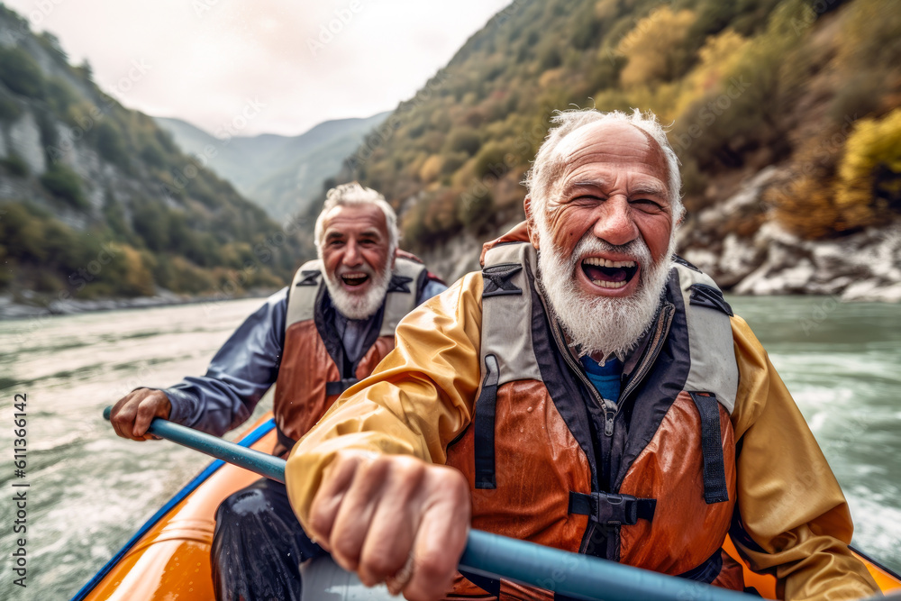 Whitewater river rafting, selfie closeup, elderly senior citizens, canoe, kayak, paddling, extreme sports. Generative AI