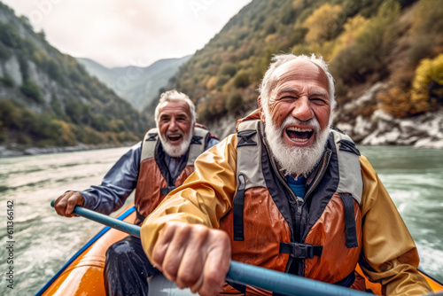 Whitewater river rafting, selfie closeup, elderly senior citizens, canoe, kayak, paddling, extreme sports. Generative AI © Sunshower Shots