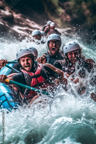 Whitewater river rafting, selfie closeup, canoe, kayak, paddling, extreme sports. Generative AI