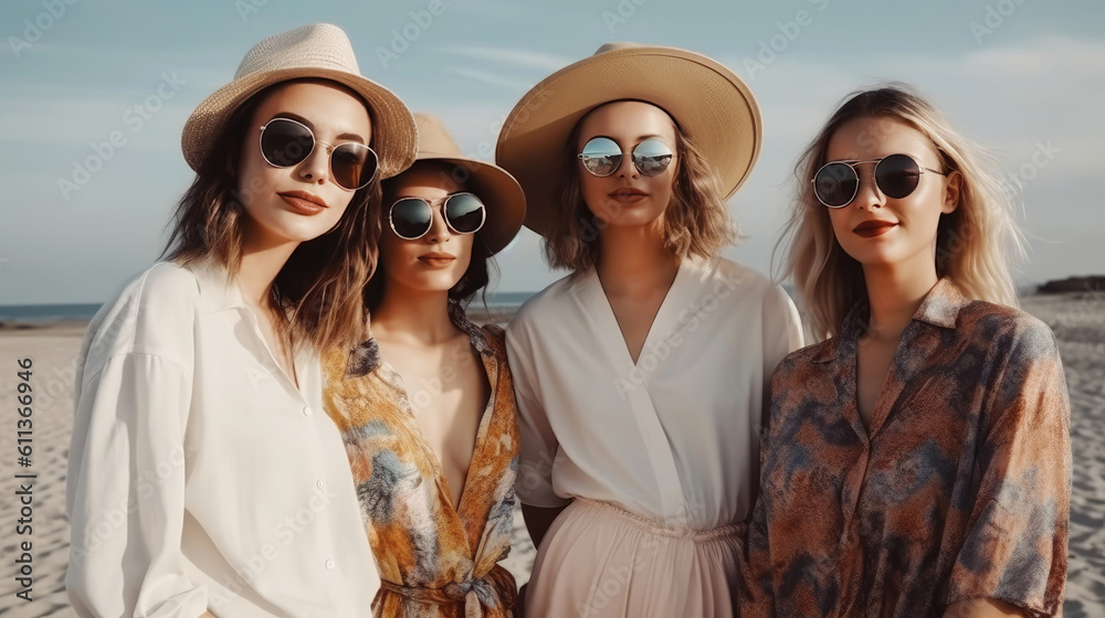 Group of woman as stylish fashionable friends at the beach (Generative AI) - obrazy, fototapety, plakaty 