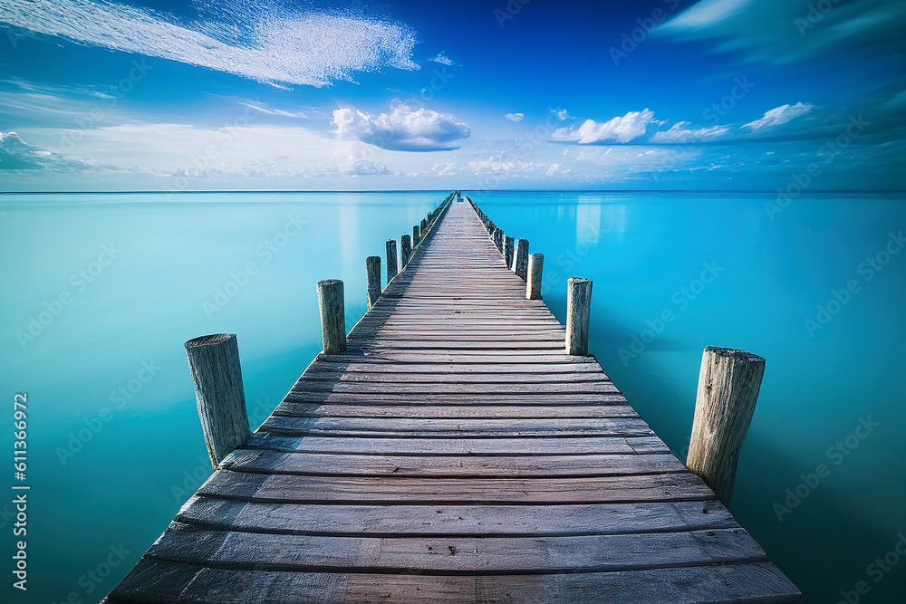 Wooden pier over a calm tropical blue lagoon, jetty on the water, summer vacations concept