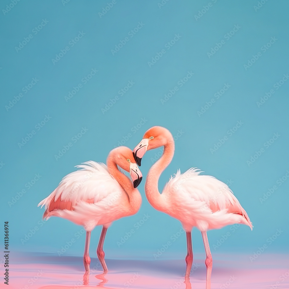 Obraz premium Summer tropical creative concept, pastel pink animal, exotic wild flamingo. A symbol of summer parties and hot sunny days. Illustration. Generative AI.