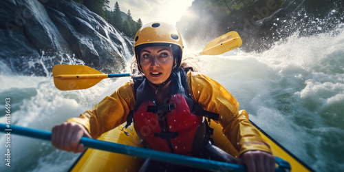 Woman whitewater river rafting, selfie closeup, canoe, kayak, paddling, extreme sports. Generative AI photo