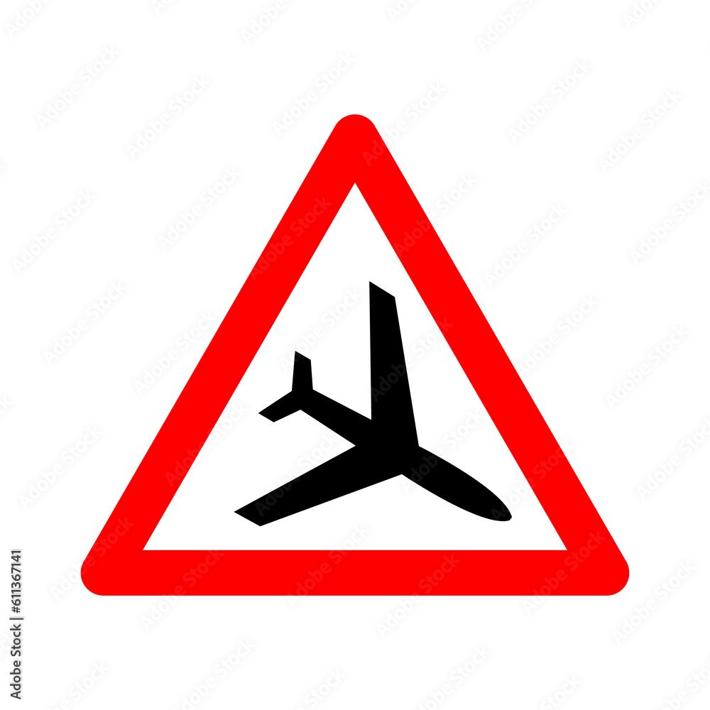 Low flying aircraft sign. Warning sign about low-flying aircraft. Red triangle sign with an airplane silhouette inside. Caution, planes. Beware helicopter at low altitude. Droga near airport. Low flying aircraft sign. Warning sign about low-flying aircraft. Red triangle sign with an airplane silhouette inside. Caution, planes. Beware helicopter at low altitude. Droga near airport.