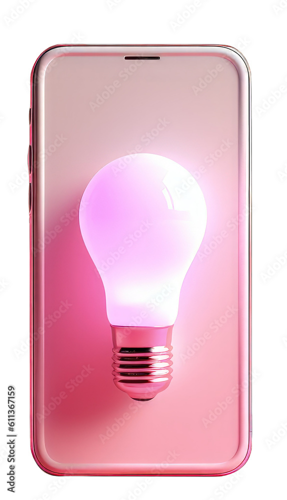 Light bulb on mobile screen, PNG transparent background, gradient, digital illustration. Generative AI Light bulb on mobile screen, PNG transparent background, gradient, digital illustration. Generative AI