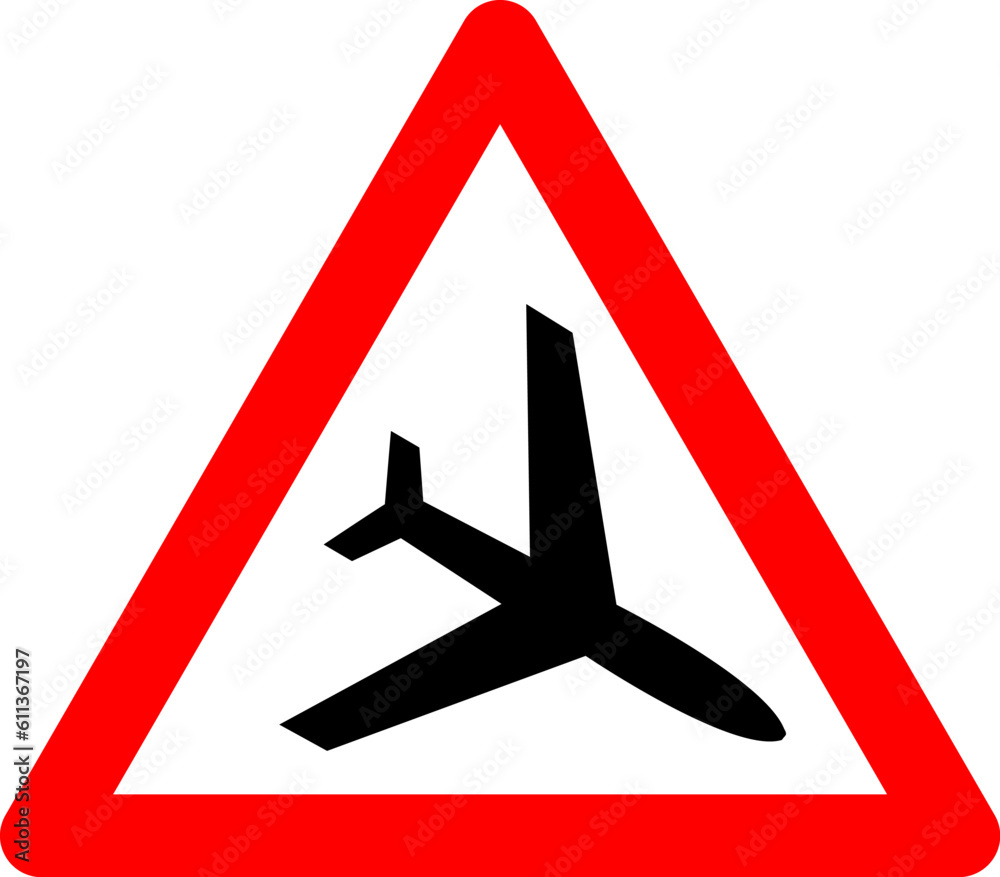Low flying aircraft sign. Warning sign about low-flying aircraft. Red triangle sign with an airplane silhouette inside. Caution, planes. Beware helicopter at low altitude. Droga near airport. Low flying aircraft sign. Warning sign about low-flying aircraft. Red triangle sign with an airplane silhouette inside. Caution, planes. Beware helicopter at low altitude. Droga near airport.