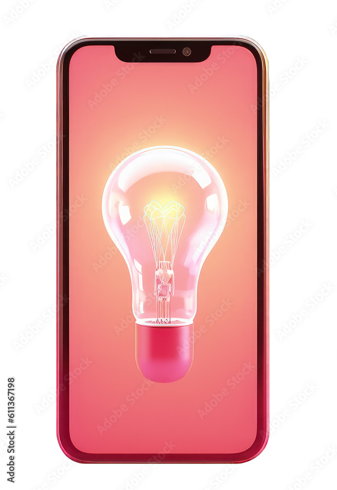 Light bulb on mobile screen, PNG transparent background, gradient, digital illustration. Generative AI Light bulb on mobile screen, PNG transparent background, gradient, digital illustration. Generative AI
