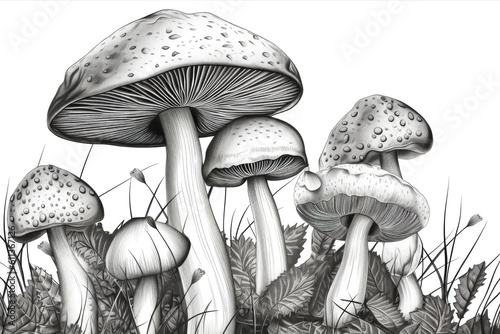Trippy psychedelic magic mushrooms as black and white illustration (Generative AI)
