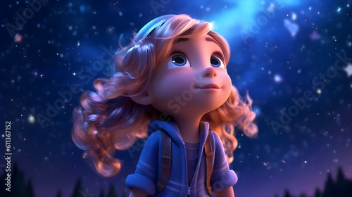 Starstruck  Cartoon Character Girl Gazing at the Sky Filled with Stars - Generative AI