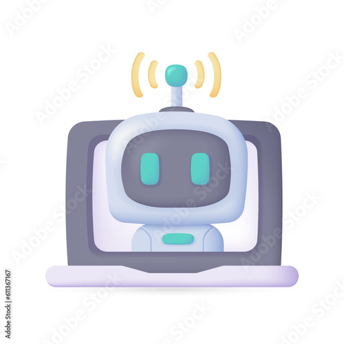 Vector 3D smart robot on computer to assist in human work Creative cartoon robots in art and help answer questions.