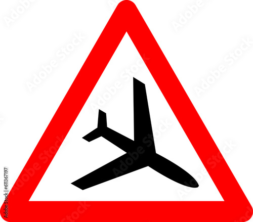 Low flying aircraft sign. Warning sign about low-flying aircraft. Red triangle sign with an airplane silhouette inside. Caution, planes. Beware helicopter at low altitude. Droga near airport.