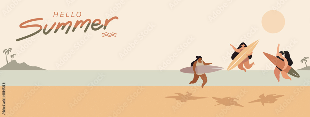 People jumping with surfboard at the beach summer banner background with space for text People jumping with surfboard at the beach summer banner background with space for text