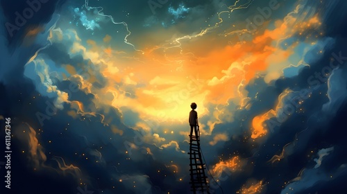 mystical sunrise with a kid on top of the ladder Generative AI, AI Generated