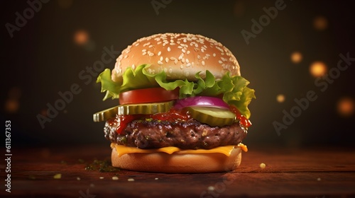 delicious fresh hamburger on a plate Generative AI, AI Generated