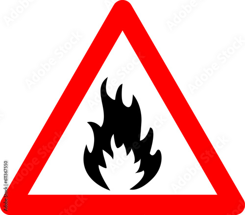 Fire sign. Warning sign flammable substances. Red triangle sign with flame silhouette inside. Caution at the fire sign. Road sign. Danger zone.