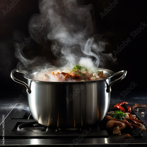 hot pot with chicken and mushrooms on a black background, selective focus