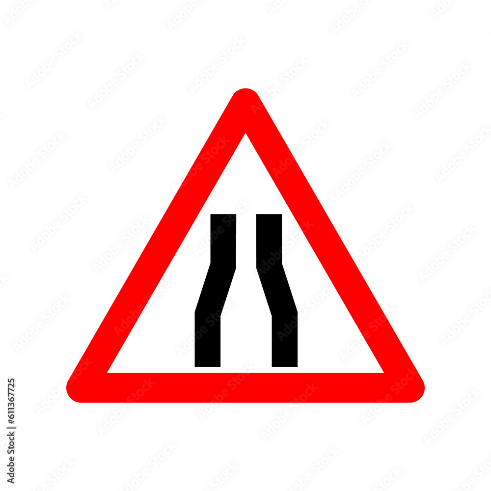 Road narrowing sign. Warning sign narrowing the road on both sides. Red