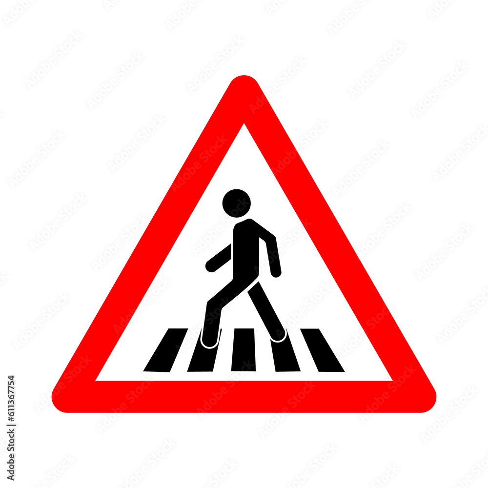 Pedestrian crossing sign. Warning sign pedestrian crossing. Red triangle sign with silhouette man walking along crosswalk inside. Caution unregulated pedestrian crossing. Road sign. Pedestrian crossing sign. Warning sign pedestrian crossing. Red triangle sign with silhouette man walking along crosswalk inside. Caution unregulated pedestrian crossing. Road sign.