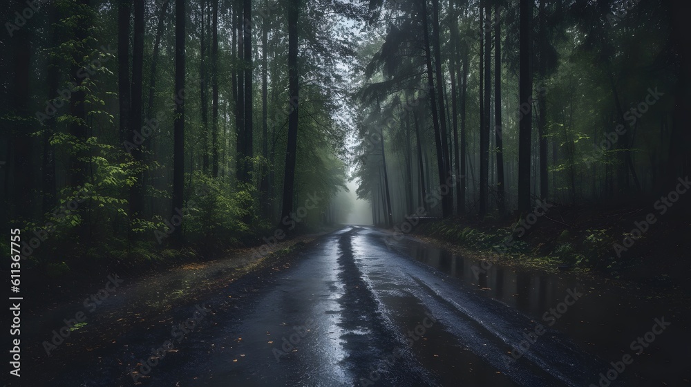 Fototapeta premium a beautiful shot of a forest surrounded by trees in the forest during the mist Generative AI, AI Generated