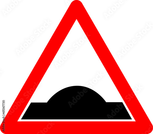 Speed bump sign. Warning sign roughness on the road. Red triangle sign with silhouette tubercle inside. Caution, sections road with bumps. Hillock sign.