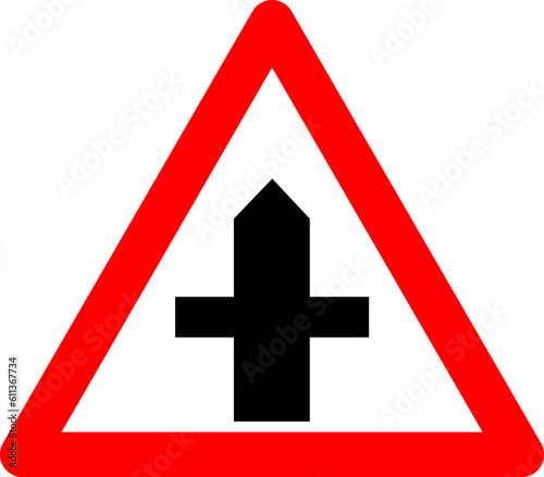 Intersection sign with secondary road. Warning sign. Red triangle sign with a silhouette of an intersection inside. Caution crossing with secondary road. Road sign.