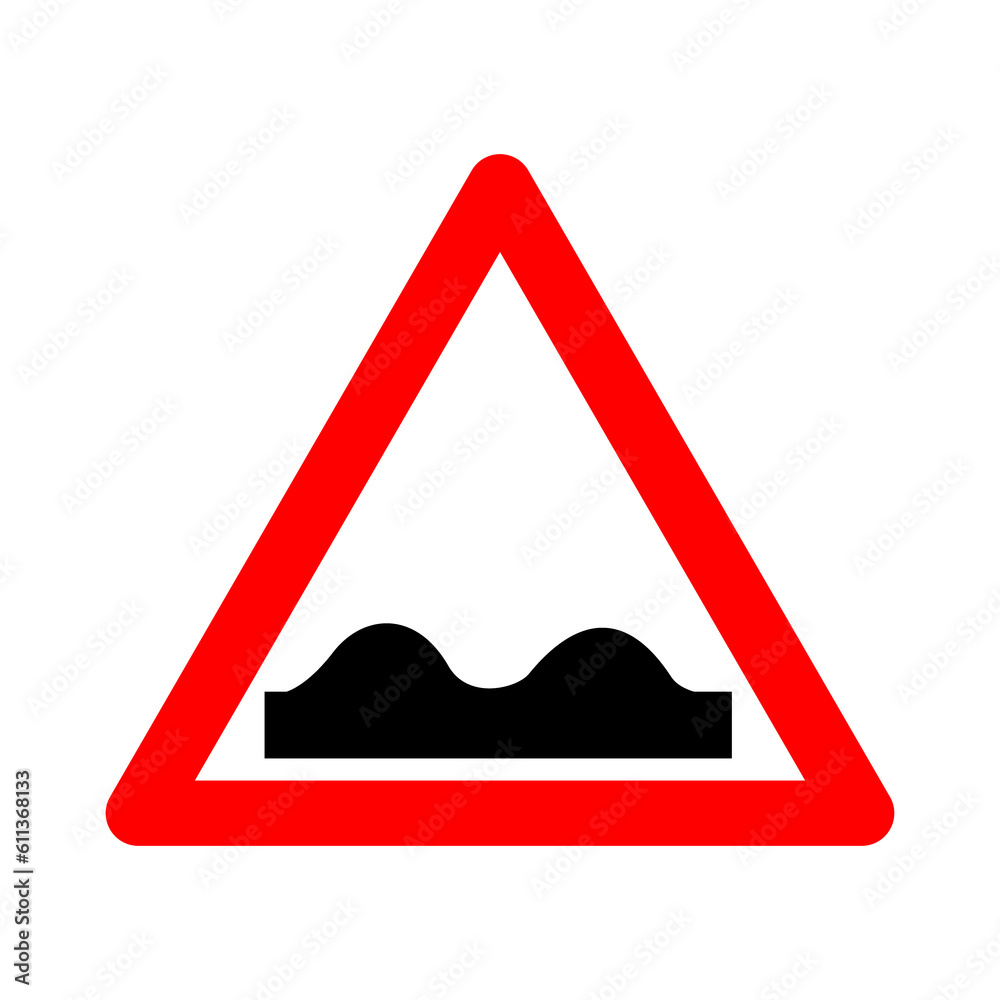 Sign uneven road. Warning sign rough road. Red triangle sign with a silhouette of bumps inside. Caution when entering a road that has irregularities in the roadway. Road sign. Sign uneven road. Warning sign rough road. Red triangle sign with a silhouette of bumps inside. Caution when entering a road that has irregularities in the roadway. Road sign.