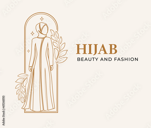 Beauty muslim woman in hijab fashion   logo design template in  line style