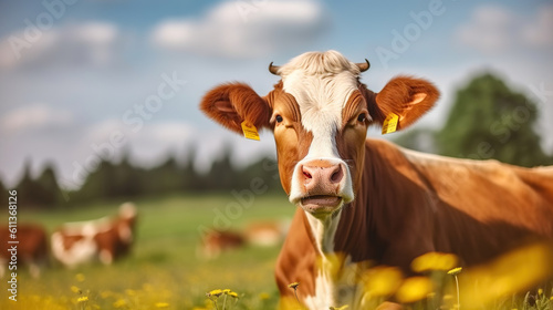 Happy single cow on a meadow sunny summer day  Generative AI