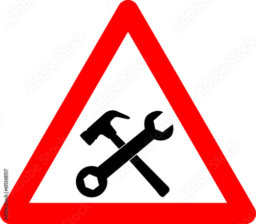 Under construction sign. Warning sign workshop. Red triangle sign with crossed hammer and wrench icon inside. Caution at the construction site. Workers, machinery and other obstacles.