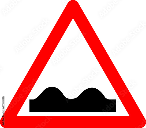 Sign uneven road. Warning sign rough road. Red triangle sign with a silhouette of bumps inside. Caution when entering a road that has irregularities in the roadway. Road sign.