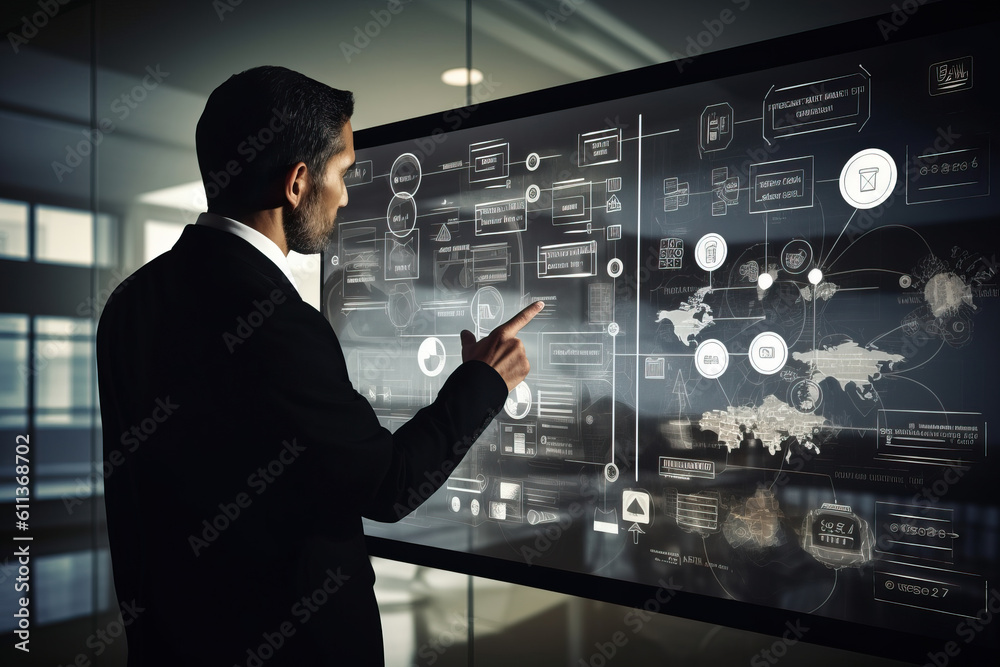 Generative AI illustration showing side view of focused man in formal ...