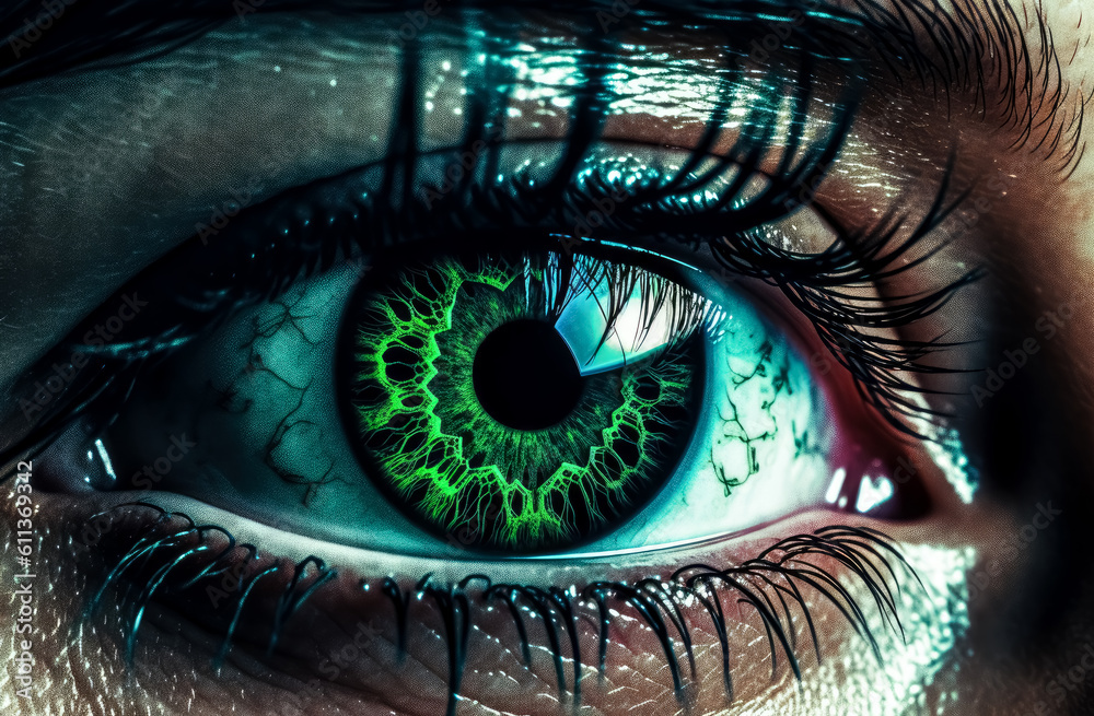 close up of a Woman's beautiful azure green eyes. Generative Ai. 
