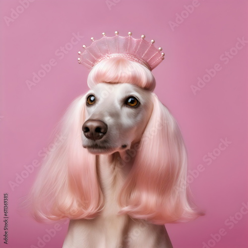 Leinwand Poster portrait of dog wearing crown tiara and long hair wig on pink background, made w