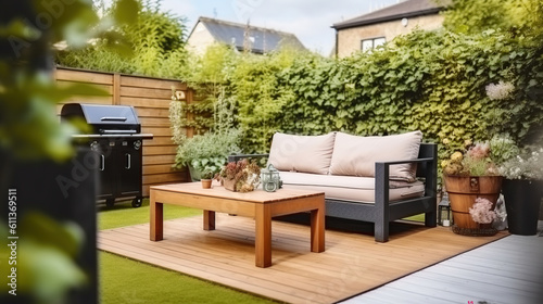 Cozy wooden table and soft sofa and grill placed in backyard with green garden near contemporary residential building, Generative AI