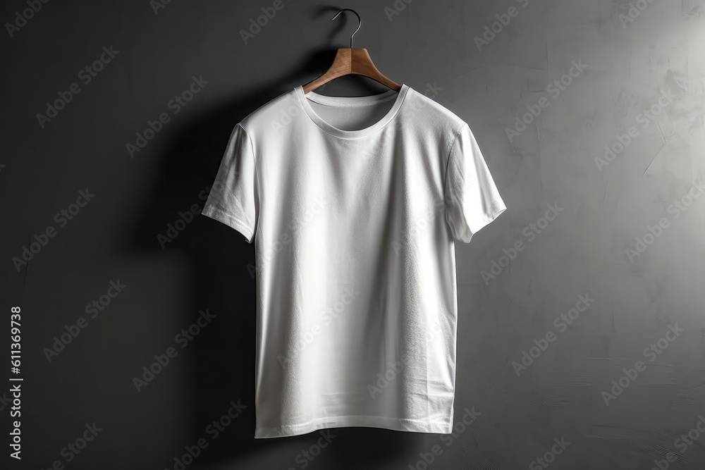 Blank white t-shirt mockup hanging on gray background. Generative ai Blank white t-shirt mockup hanging on gray background. Generative ai
