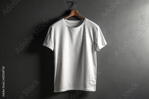 Blank white t-shirt mockup hanging on gray background. Generative ai