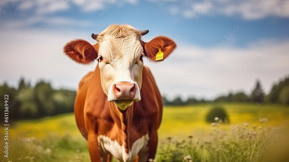A Joyful Single Cow Basks in the Sun on a Meadow on a Summer Day. Generative AI