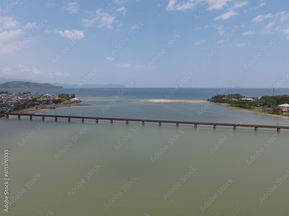 Fototapeta premium ドローンで空撮した京都丹後鉄道の由良川橋梁