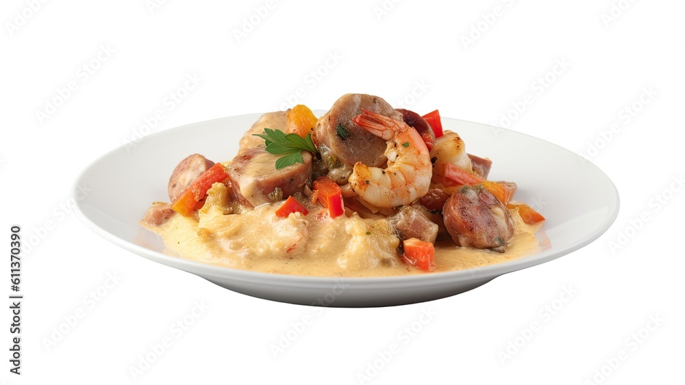 A colorful plate of shrimp and grits with sausage and peppers on White Background with copy space for your text created with generative AI technology A colorful plate of shrimp and grits with sausage and peppers on White Background with copy space for your text created with generative AI technology